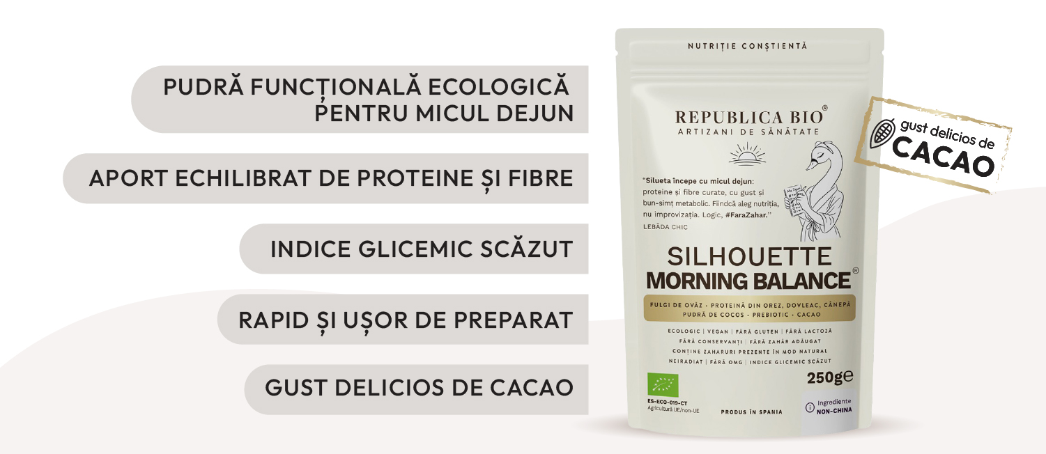 Silhouette Morning Balance: pudră funcțională ecologică pentru micul dejun, aport echilibrat de proteine și fibre, indice glicemic scăzut, rapid și ușor de preparat, gust delicios de cacao